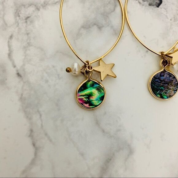 Abalone, Pearl & Star Charm Drop Hoop Earrings - Picture 5 of 8
